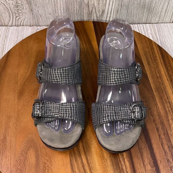 Dansko Women's EU 40 US 10 Leather Snake Print Wedge Open Toe Sandals Grey Black - Picture 3 of 12